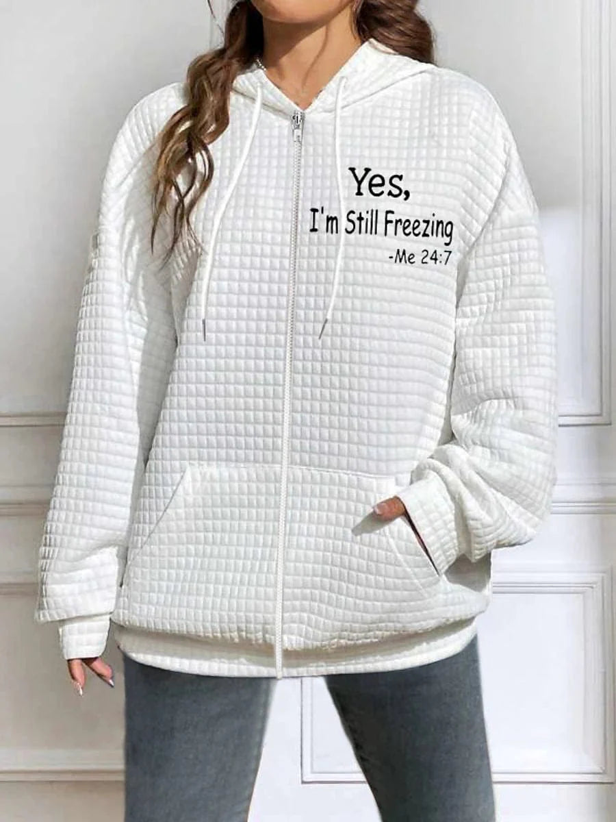 Chic White Letter Print Hoodied Jacket for Women