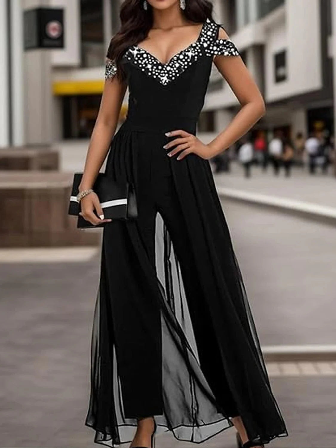 Elegant Black V-Neck Jumpsuit for Special Occasions, Spring and Fall