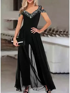 Elegant Black V-Neck Jumpsuit for Special Occasions, Spring and Fall