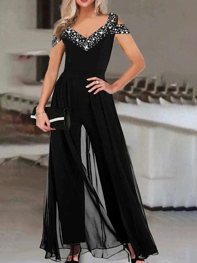 Elegant Black V-Neck Jumpsuit for Special Occasions, Spring and Fall