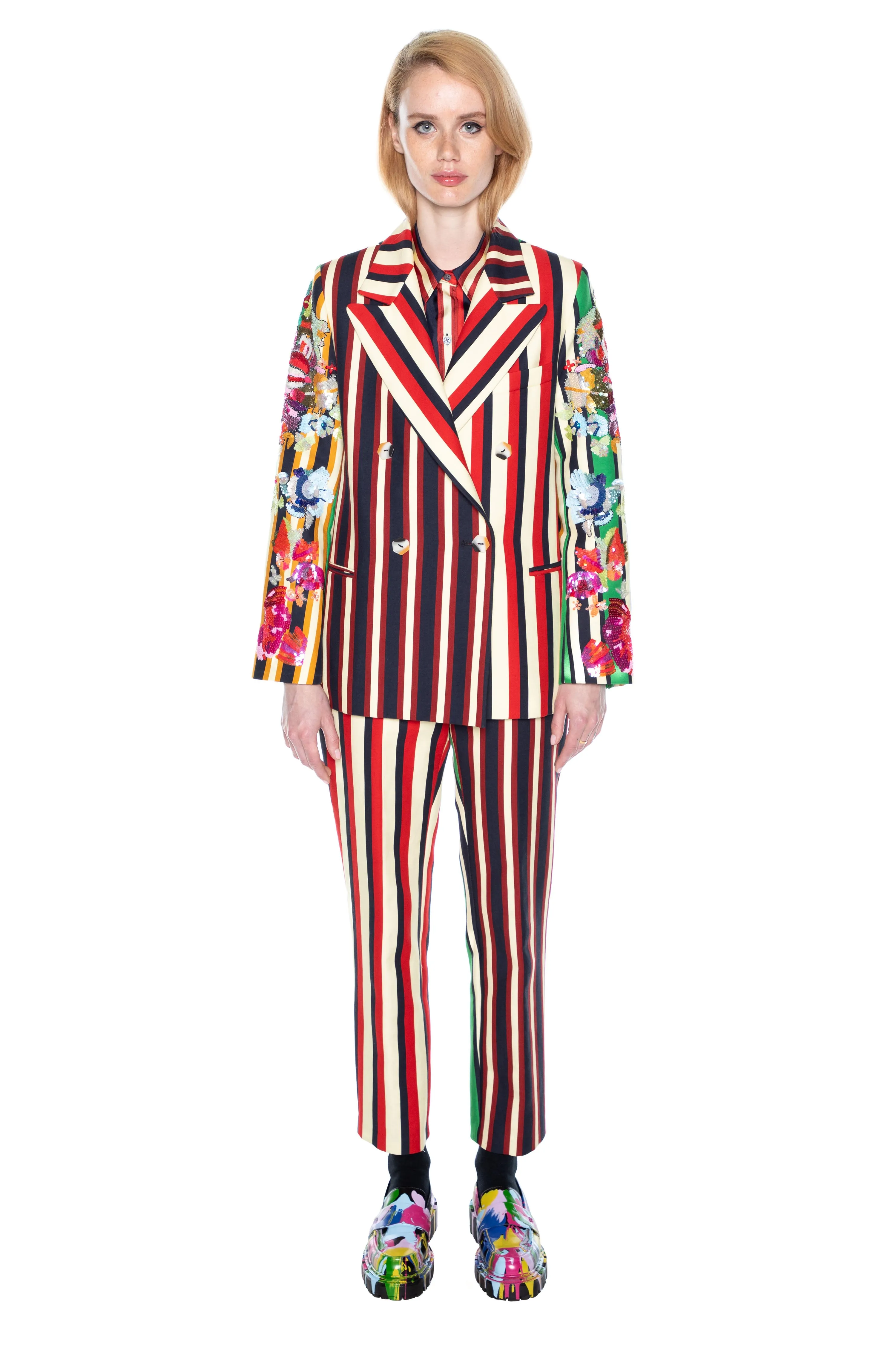 'EMBROIDERED ETON STRIPE' DOUBLE BREASTED BLAZER W/ EMBELLISHED SLEEVES