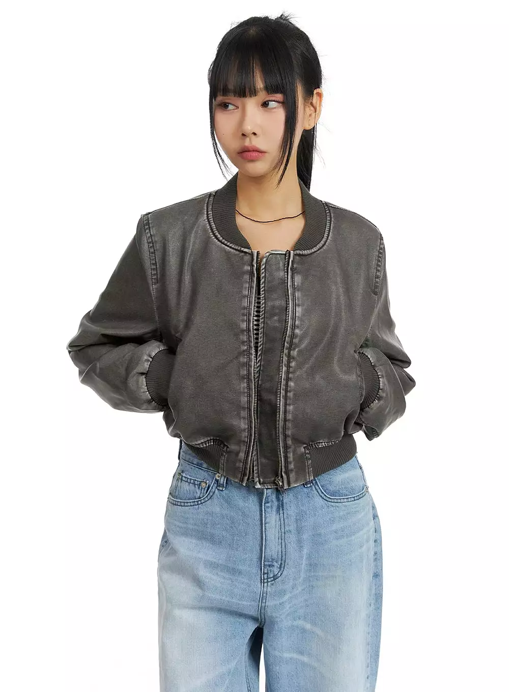 Faux Leather Stand Collar Vintage Jacket CM407