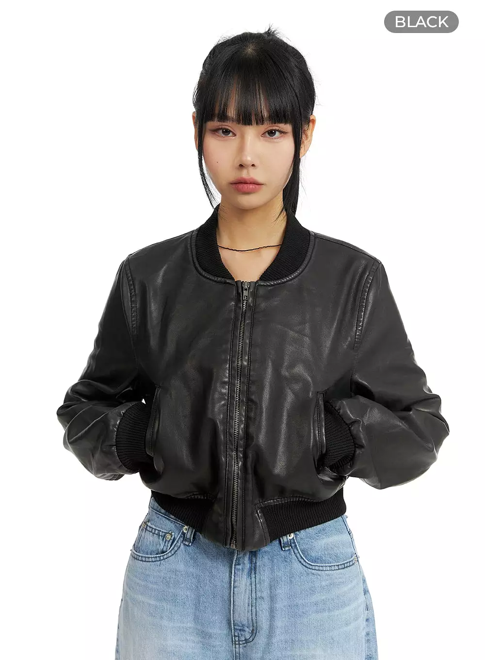 Faux Leather Stand Collar Vintage Jacket CM407