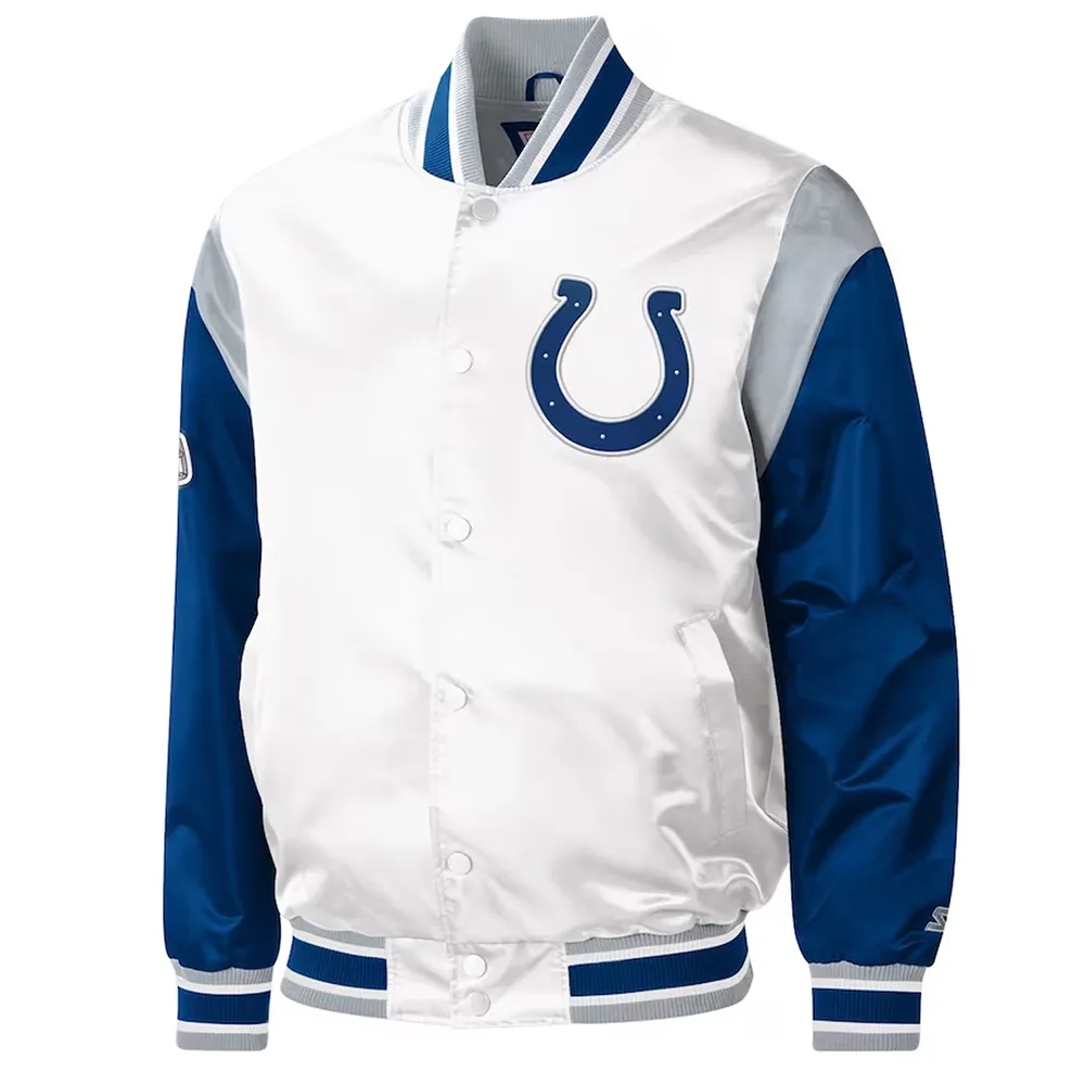 Indianapolis Colts Throwback Warm Up Pitch Varsity White Satin Jacket