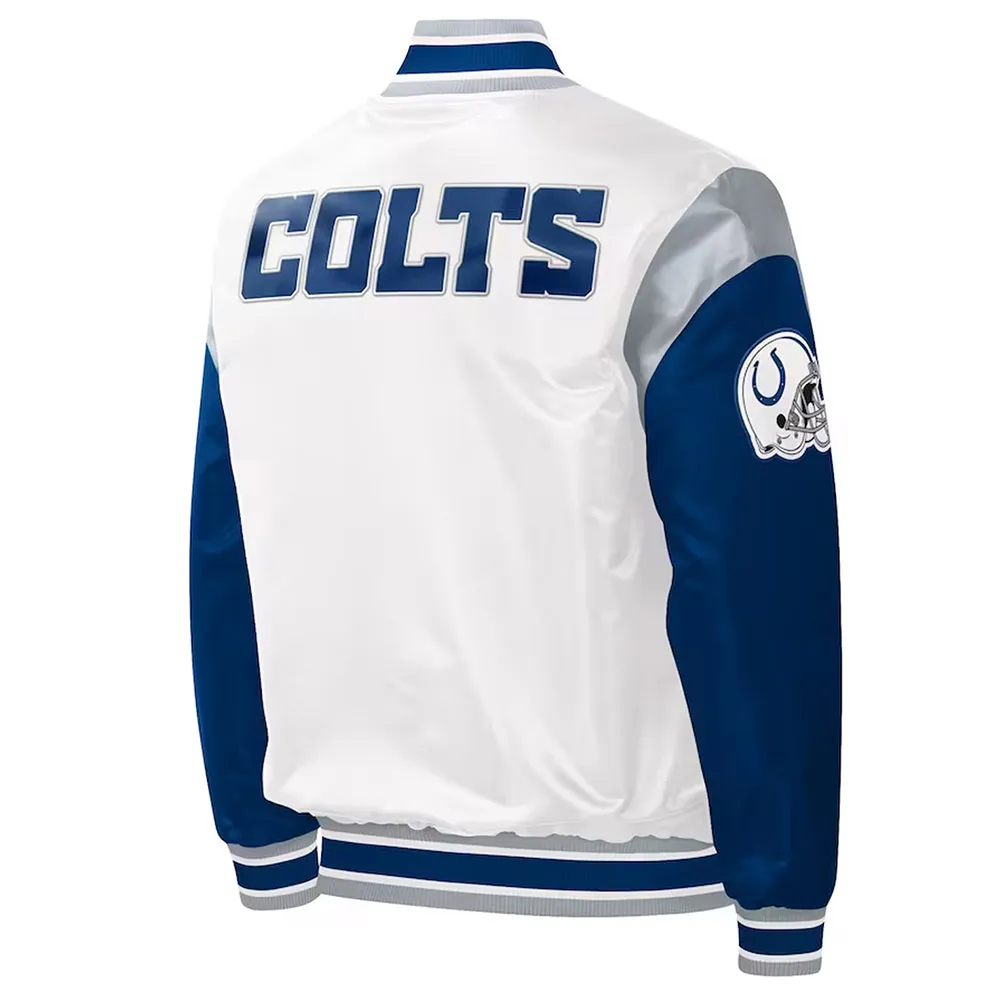 Indianapolis Colts Throwback Warm Up Pitch Varsity White Satin Jacket