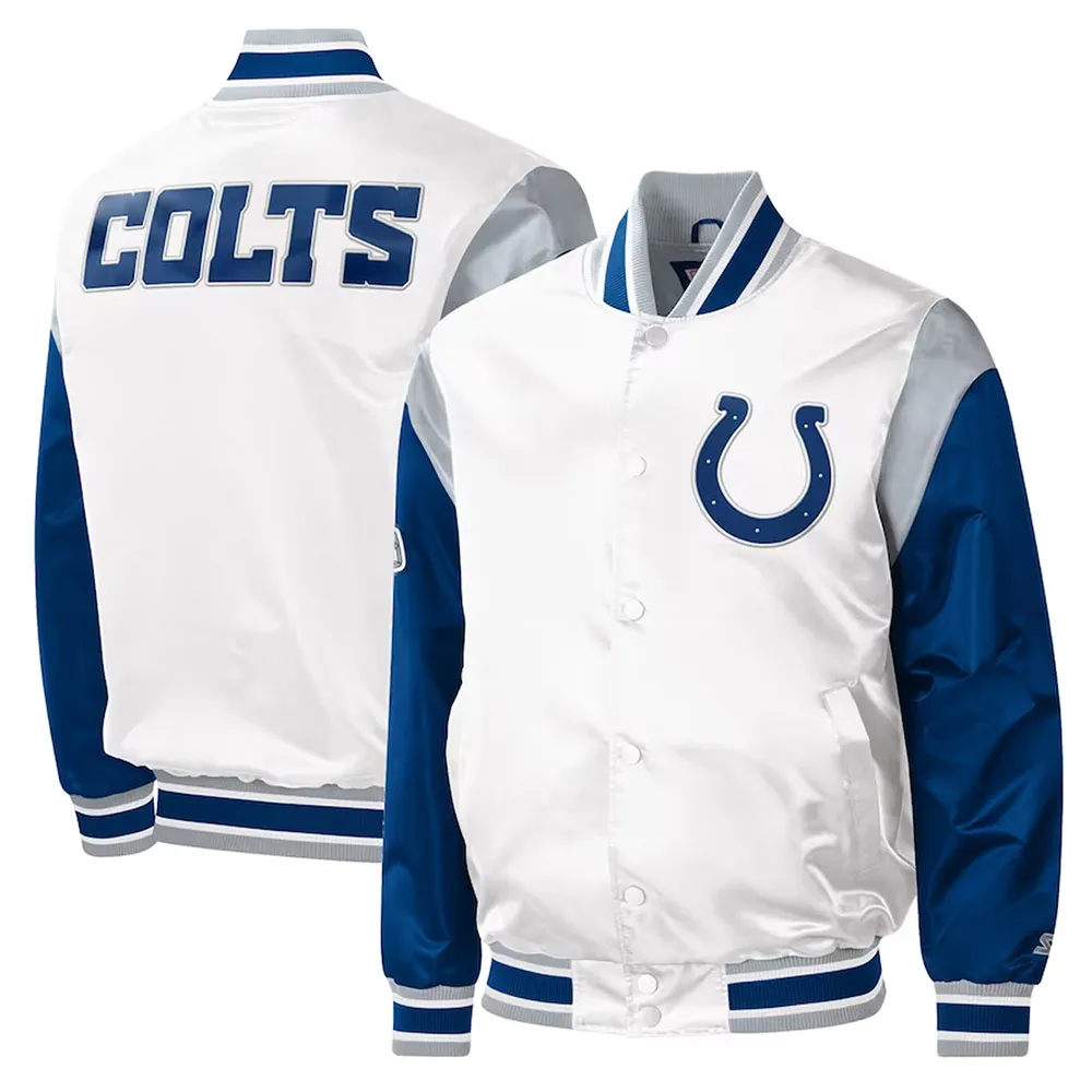 Indianapolis Colts Throwback Warm Up Pitch Varsity White Satin Jacket