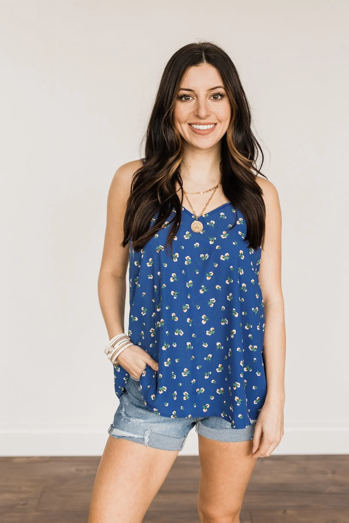 Just Another Dreamer Floral Tank Top- Royal Blue