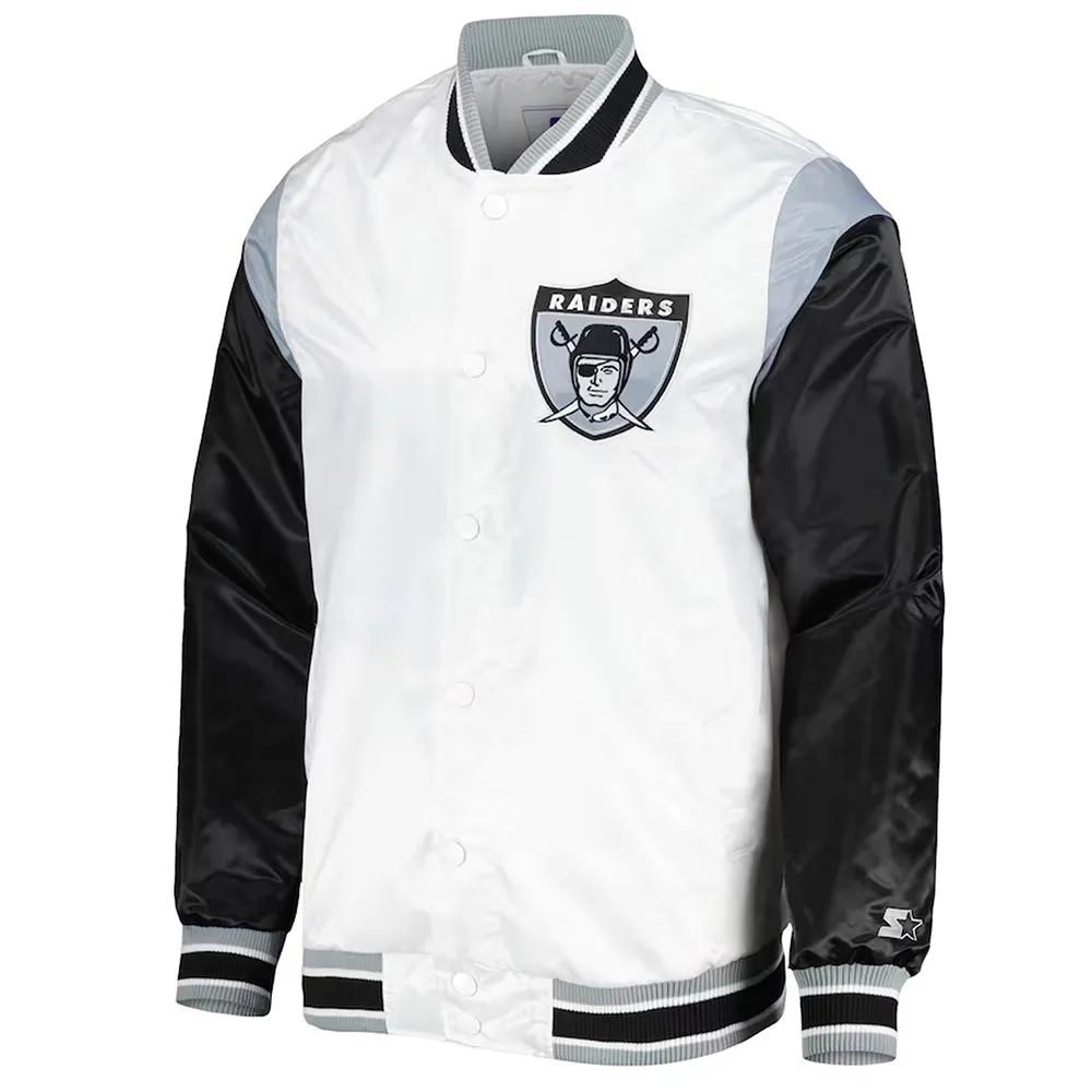 Las Vegas Raiders Throwback Warm Up Pitch White Varsity Satin Jacket