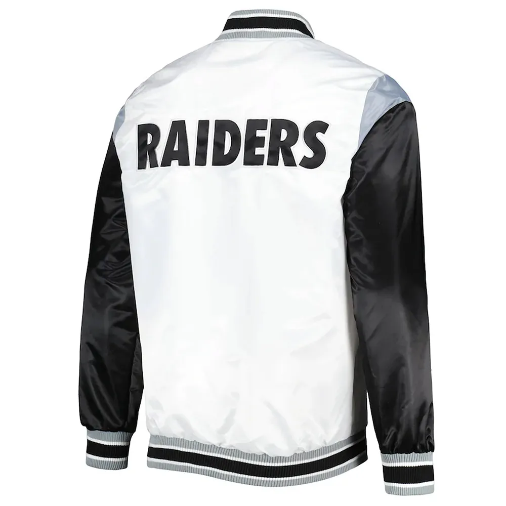 Las Vegas Raiders Throwback Warm Up Pitch White Varsity Satin Jacket