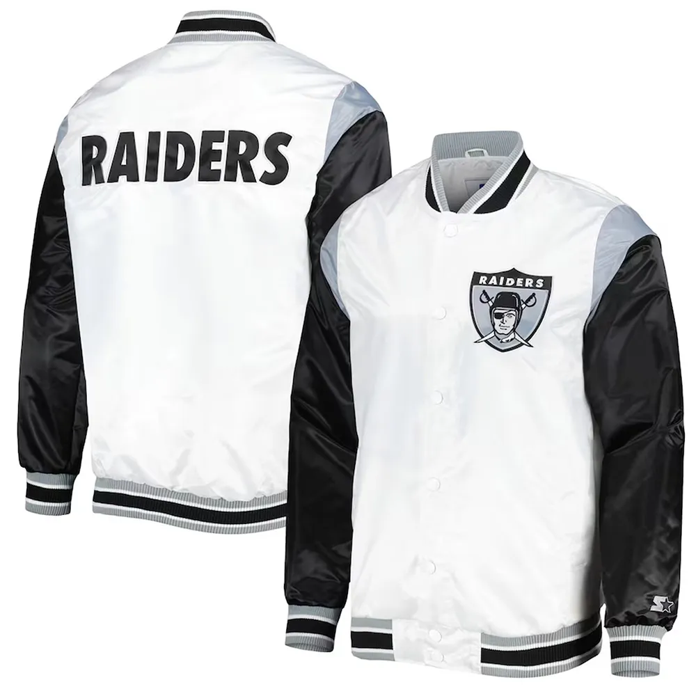 Las Vegas Raiders Throwback Warm Up Pitch White Varsity Satin Jacket