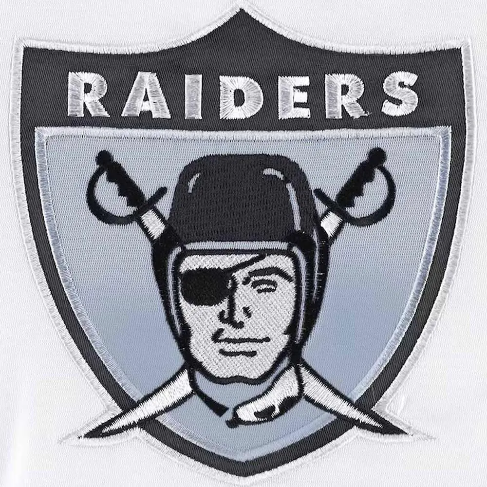 Las Vegas Raiders Throwback Warm Up Pitch White Varsity Satin Jacket