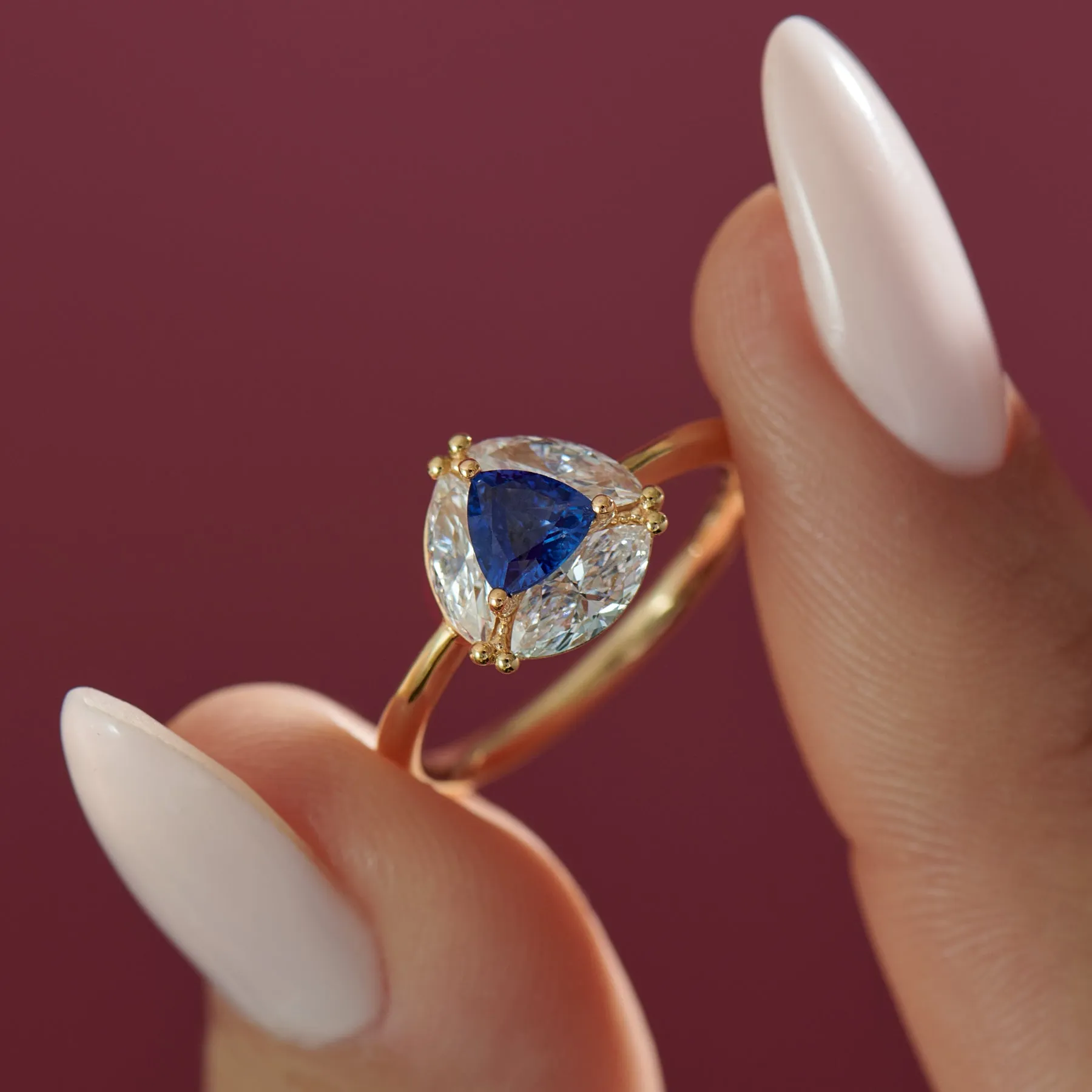 Marquise Diamond and Royal Blue Trillion Sapphire Engagement Ring