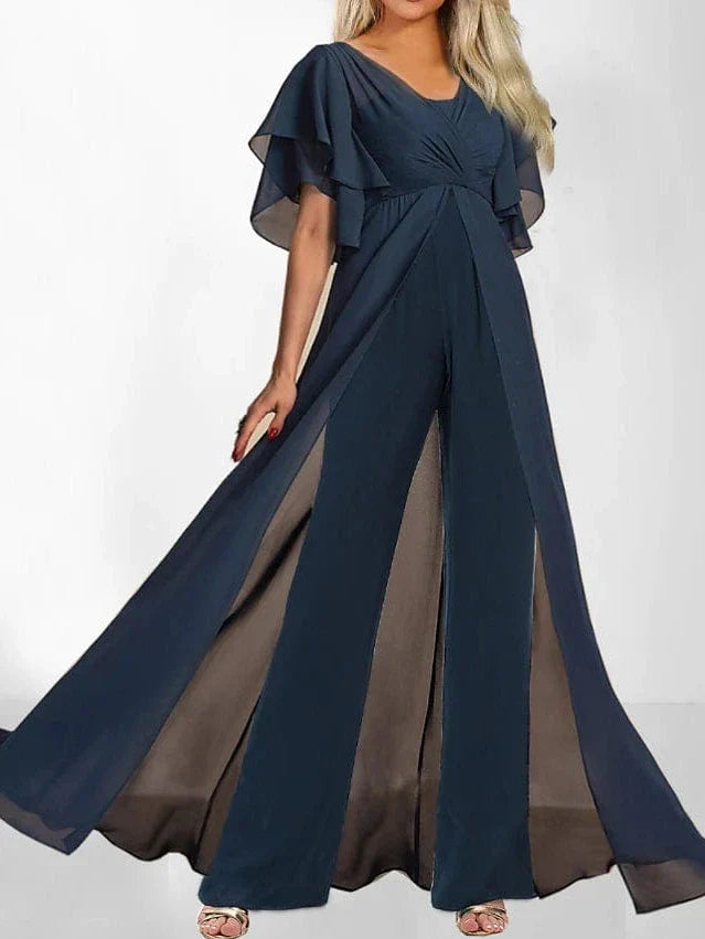 Navy Blue Elegant V-Neck Jumpsuit with Short Sleeves