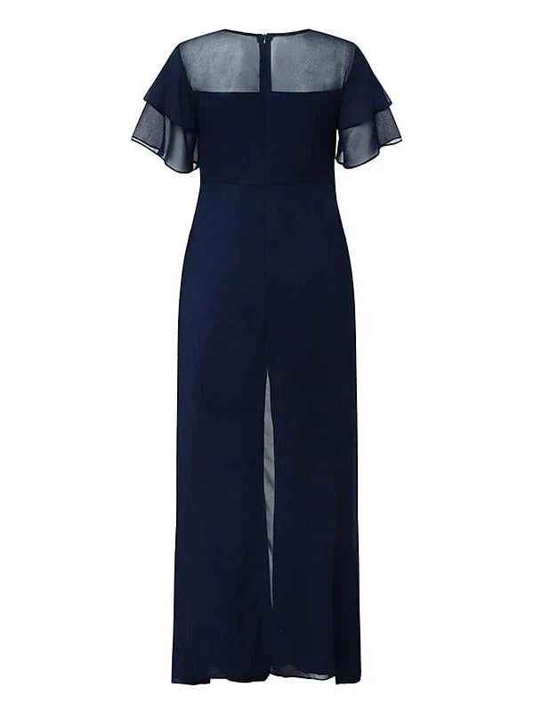 Navy Blue Elegant V-Neck Jumpsuit with Short Sleeves