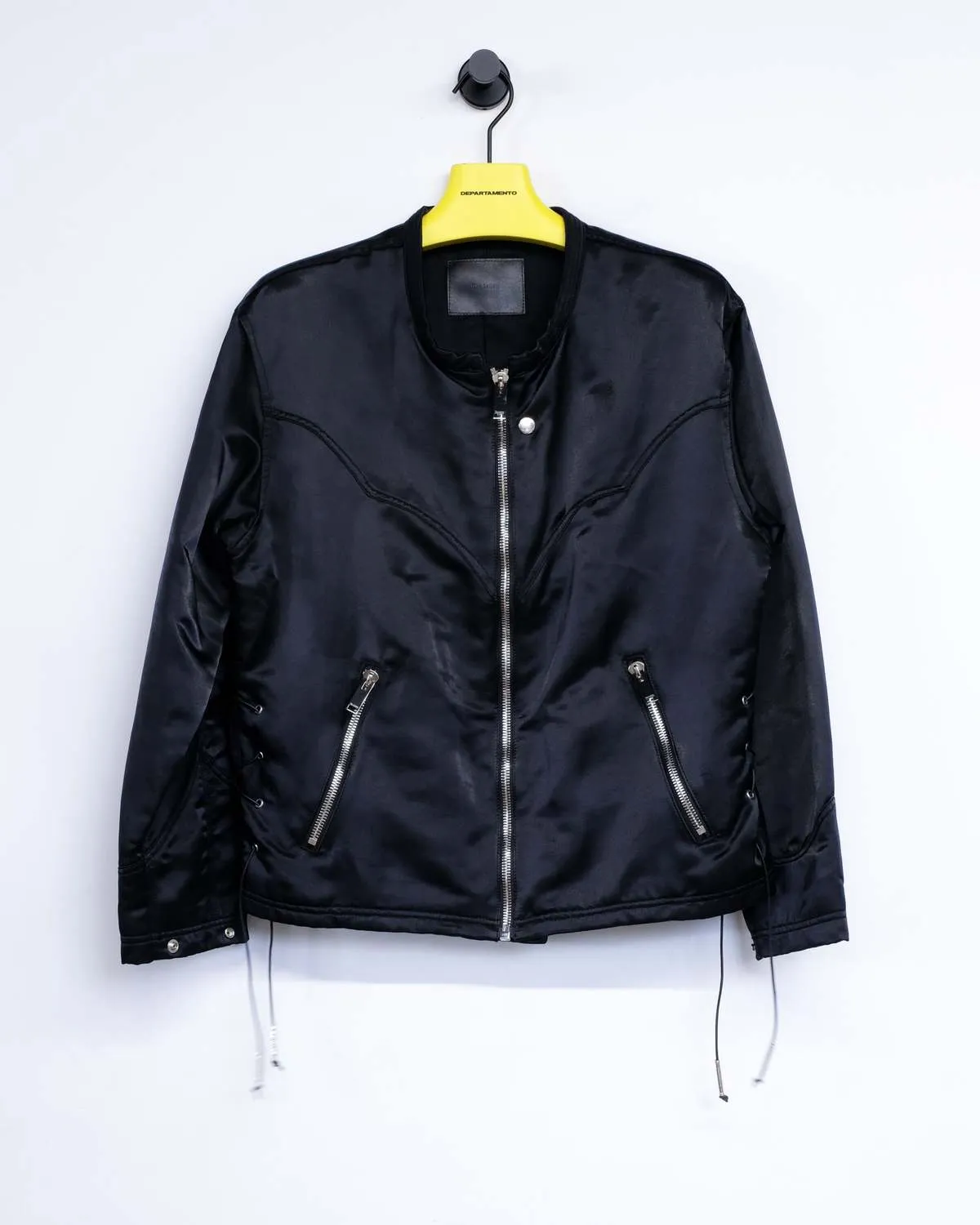 Nylon Cotton Satin Collarless Lace Up Jacket - Black