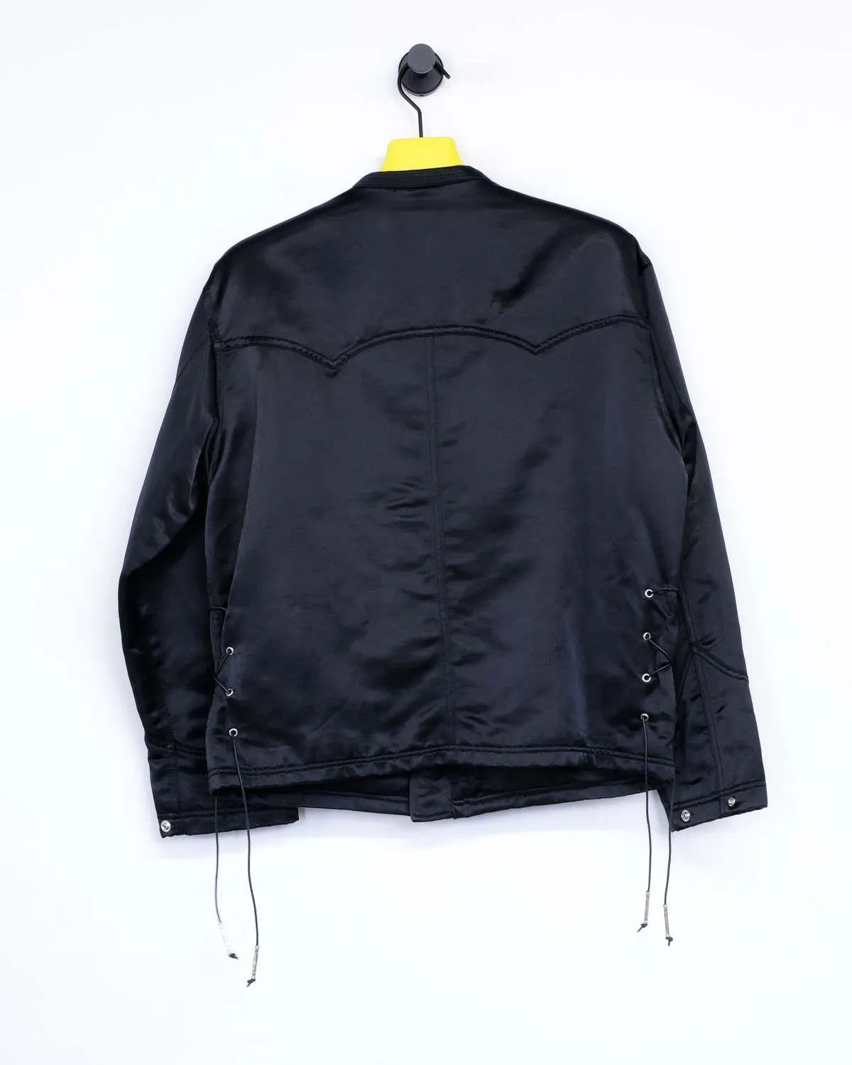 Nylon Cotton Satin Collarless Lace Up Jacket - Black