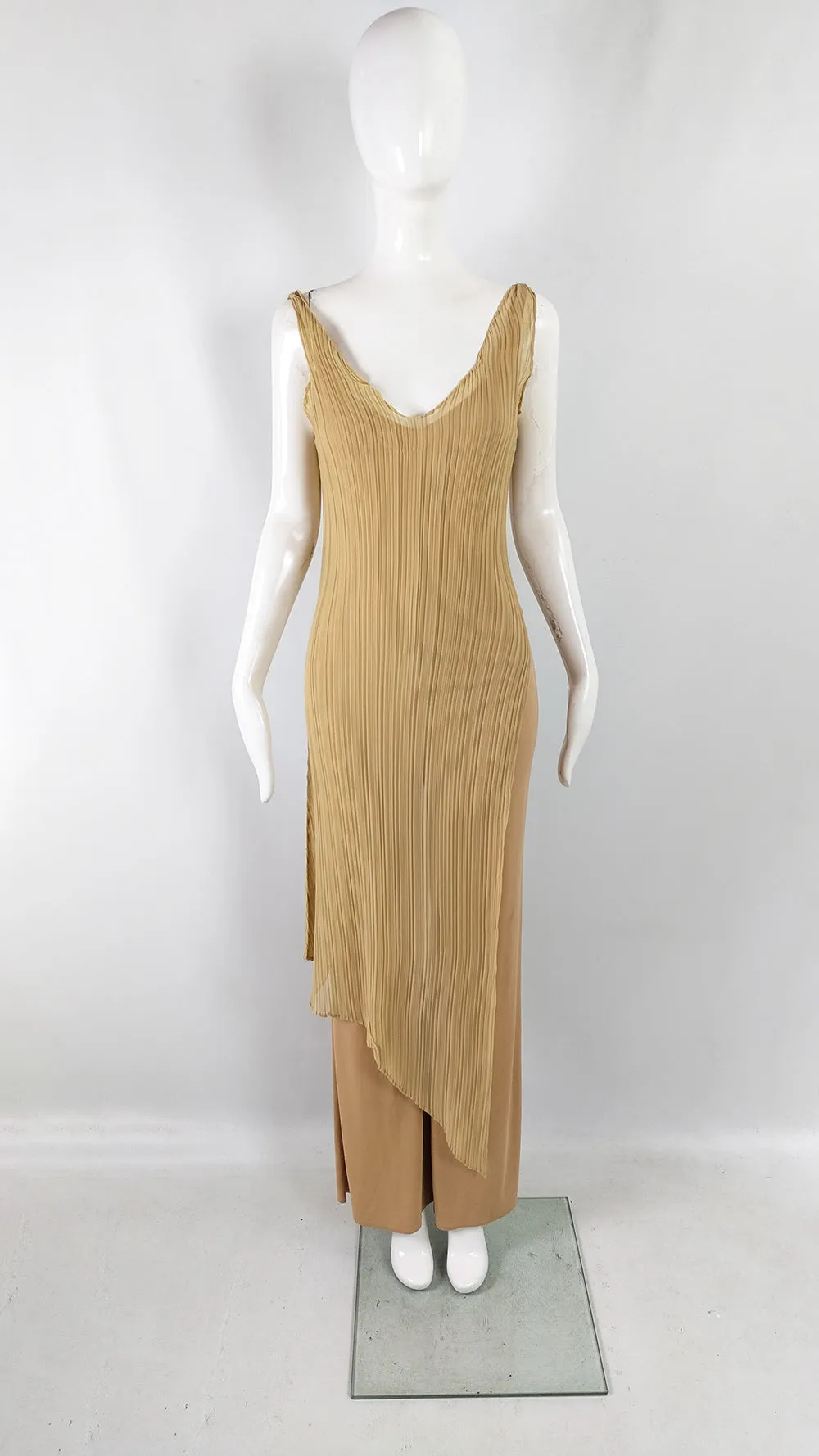 Orna Farho Paris Vintage y2k Nude & Chiffon Wide Leg Jumpsuit, 1990s