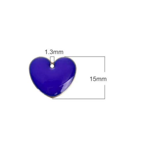 Pendants, Heart, Flat, Double-Sided, Royal Blue, Enameled, Brass, Drops, 16mm