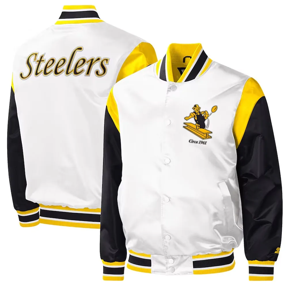 Pittsburgh Steelers Throwback Warm Up Pitch Black/White Varsity Satin Jacket