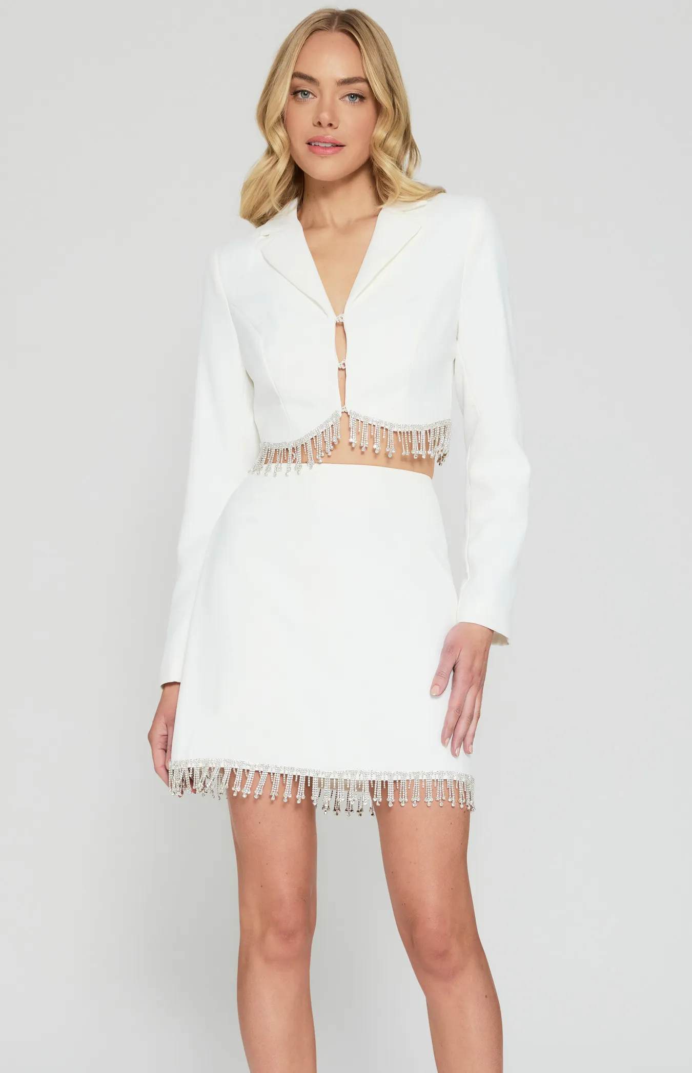 Rhinestone Fringe Trim Set with Cropped Blazer and Mini Skirt (WSE312B)