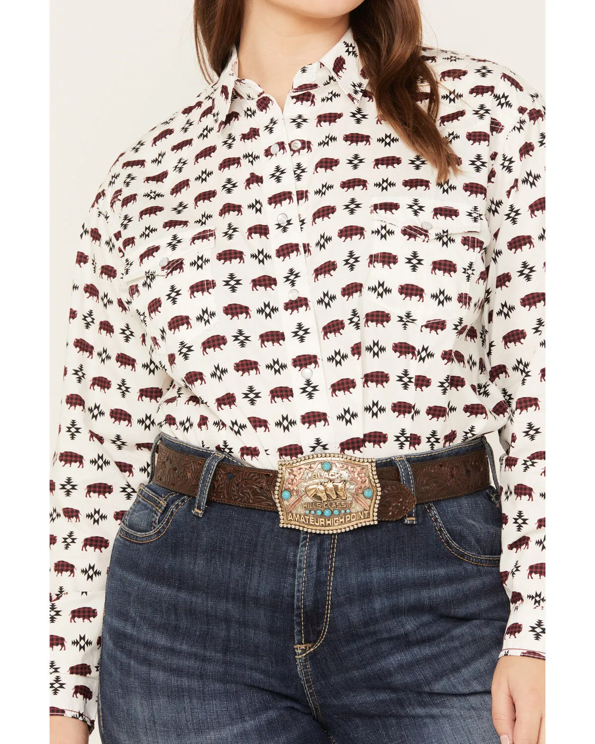 Rock & Roll Denim Women's Southwestern Buffalo Print Western Pearl Snap Shirt