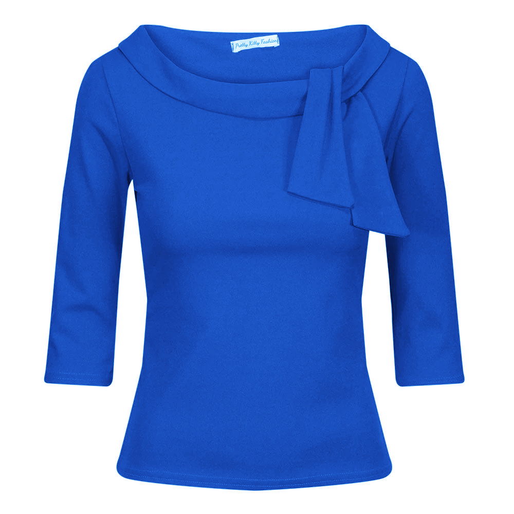 Royal Blue Vintage 3/4 Sleeve Tie Neck Top