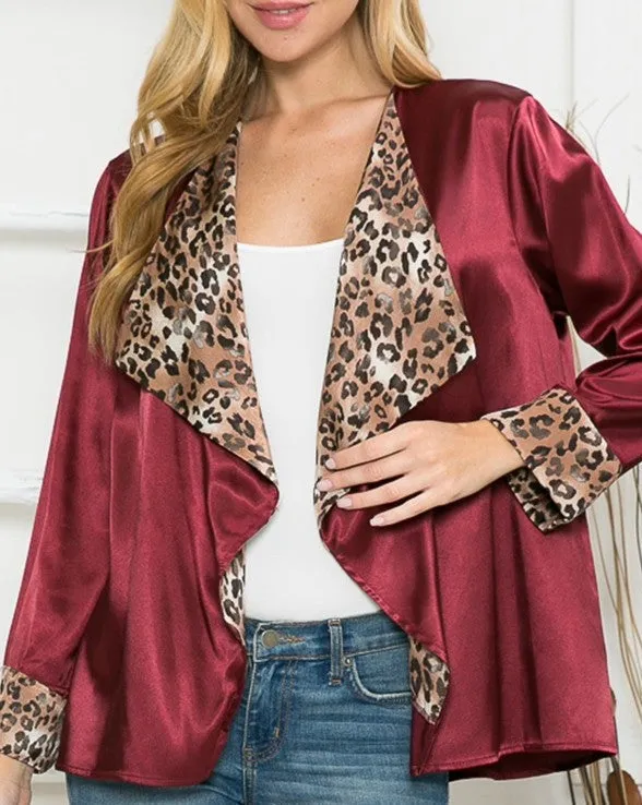 Satin & Leopard Blazer-Burgundy