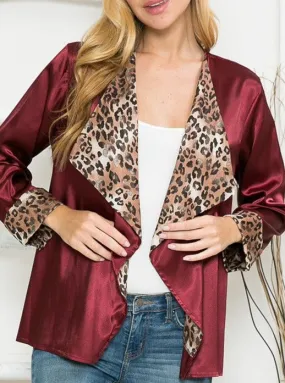 Satin & Leopard Blazer-Burgundy