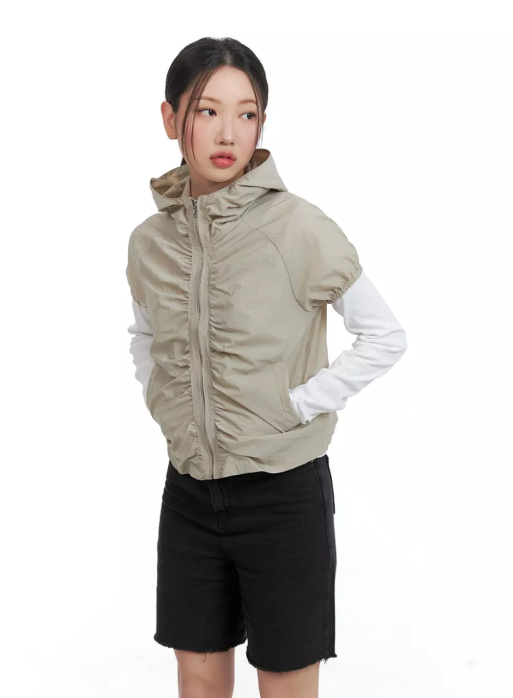 Shirred Hooded Short-Sleeve Nylon Jacket CA415