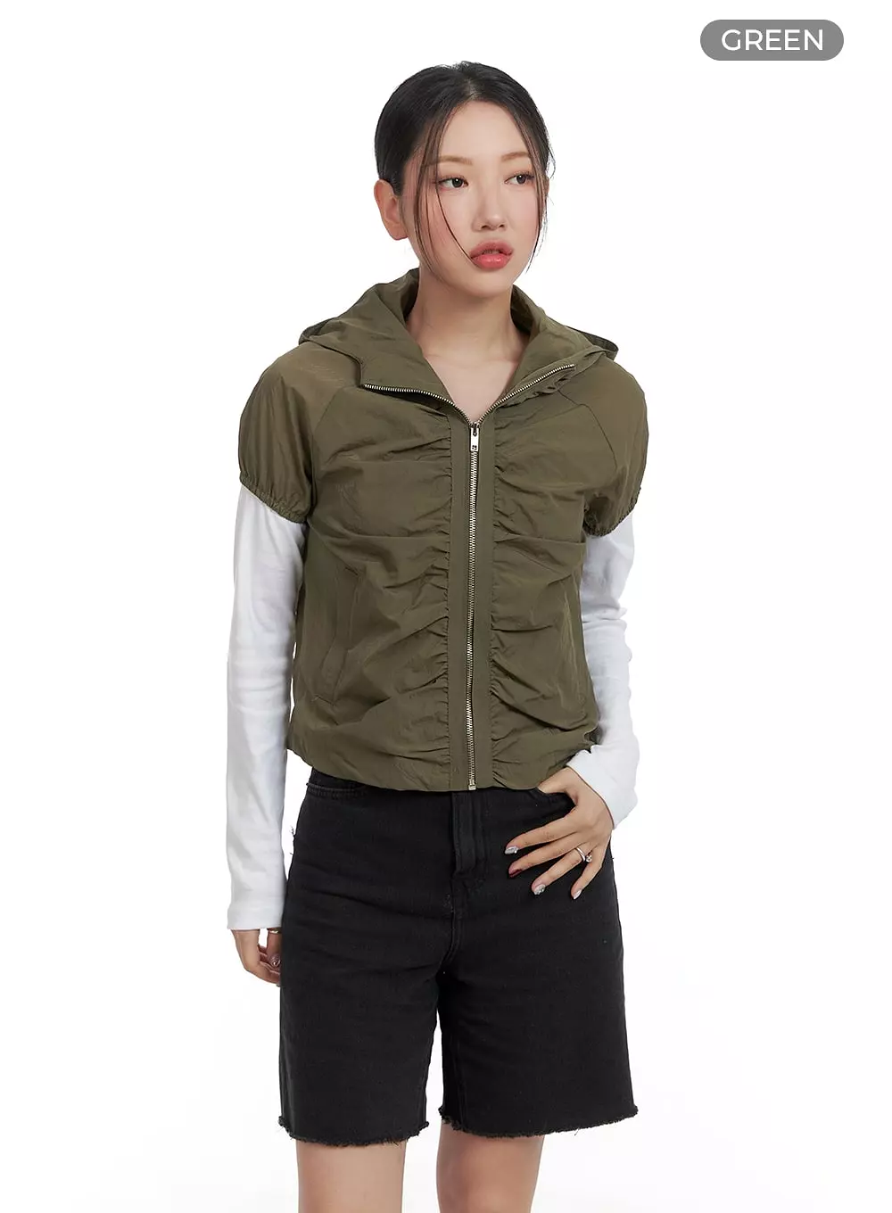 Shirred Hooded Short-Sleeve Nylon Jacket CA415