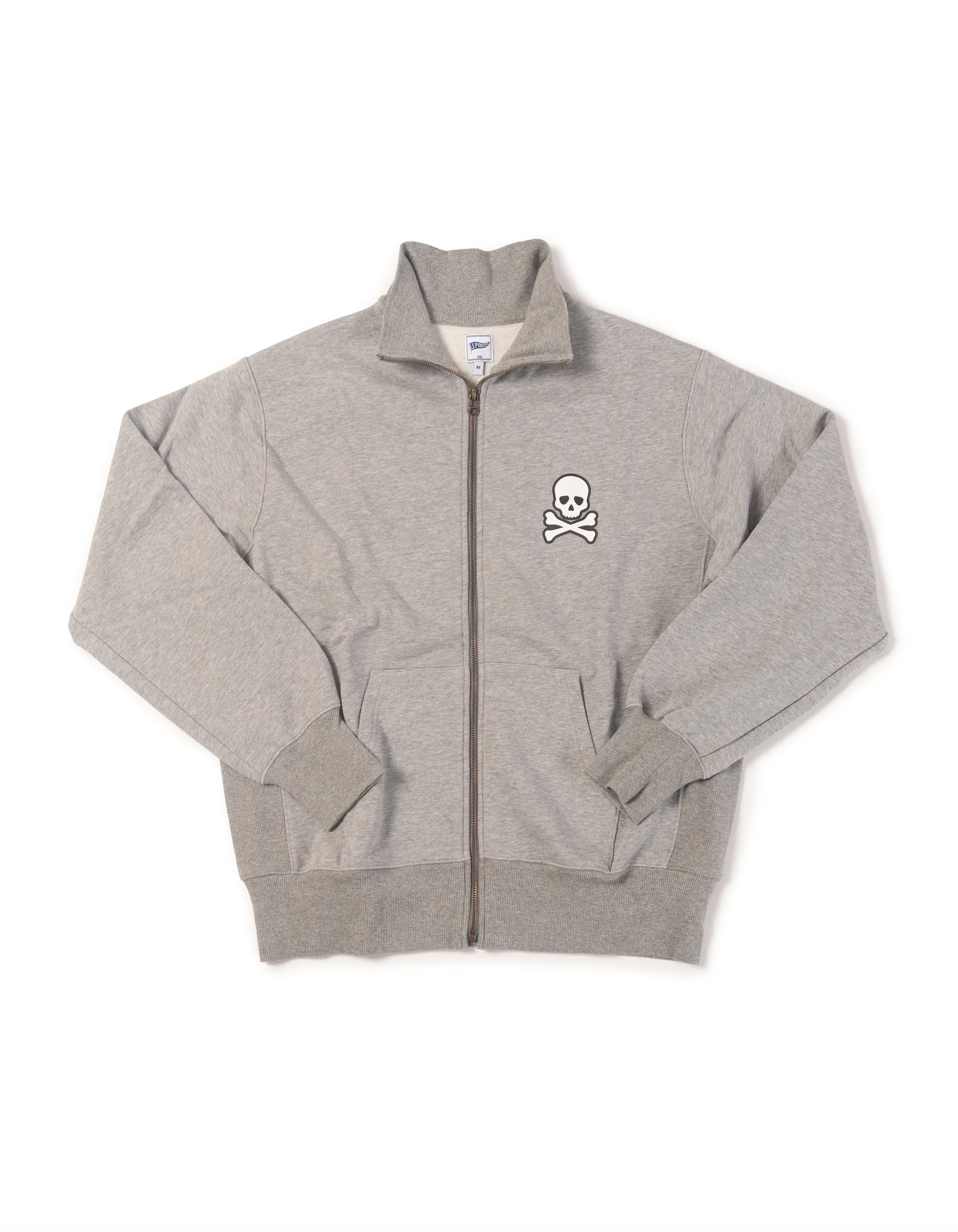 SKULL AND BONE FRONT ZIP UP JACKET - HEATHER GREY