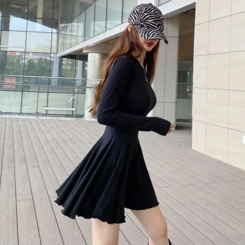 Slim Waist Female A-Line Knitted Dress Full Sleeve Solid Ladies Sweater Vestidos 2021 Autumn Women Mini Dress