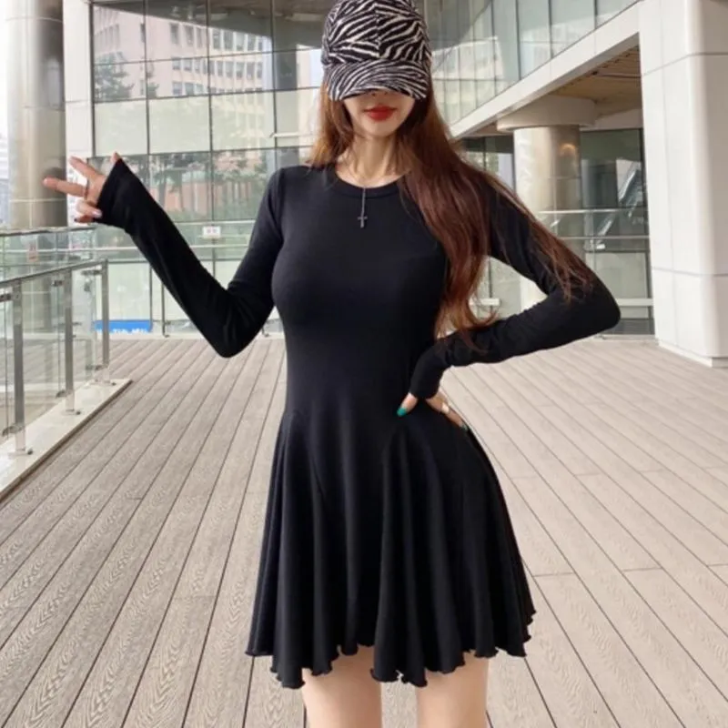 Slim Waist Female A-Line Knitted Dress Full Sleeve Solid Ladies Sweater Vestidos 2021 Autumn Women Mini Dress