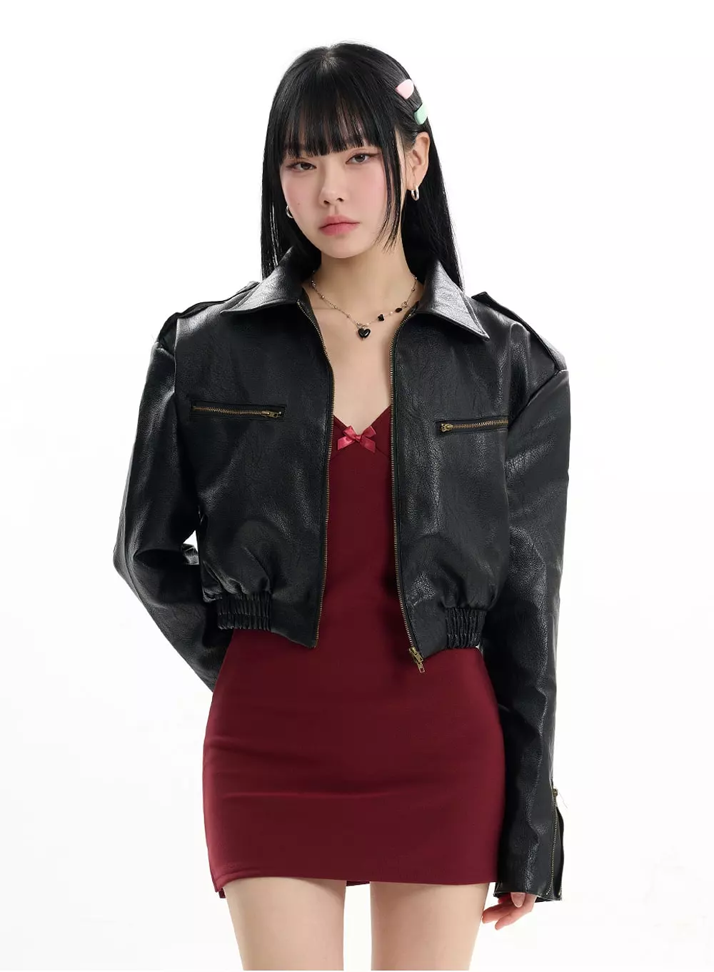 Solid Leather Cropped Jacket IF413