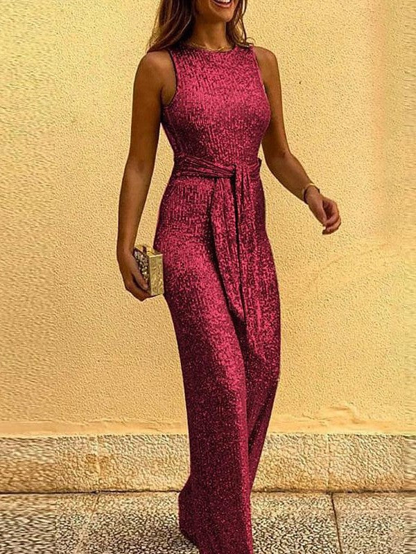 Sophisticated Blue Pink Gold Jumpsuit with Sequin Lace-Up Detail