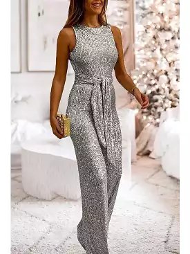 Sophisticated Blue Pink Gold Jumpsuit with Sequin Lace-Up Detail