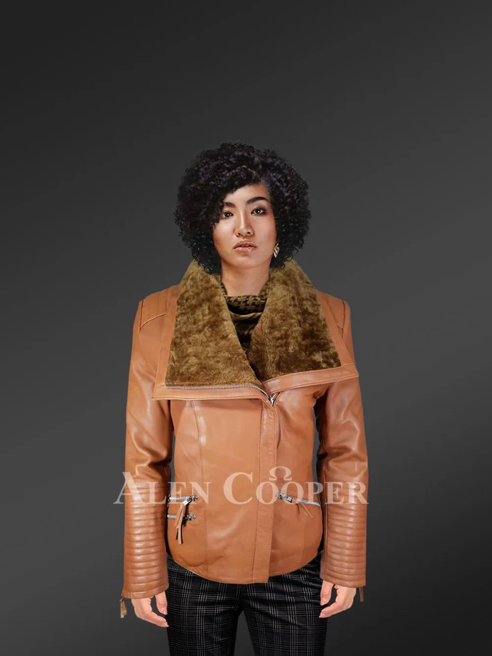 Stunning Tan Italian Leather Jacket with Shearling Collar for Women