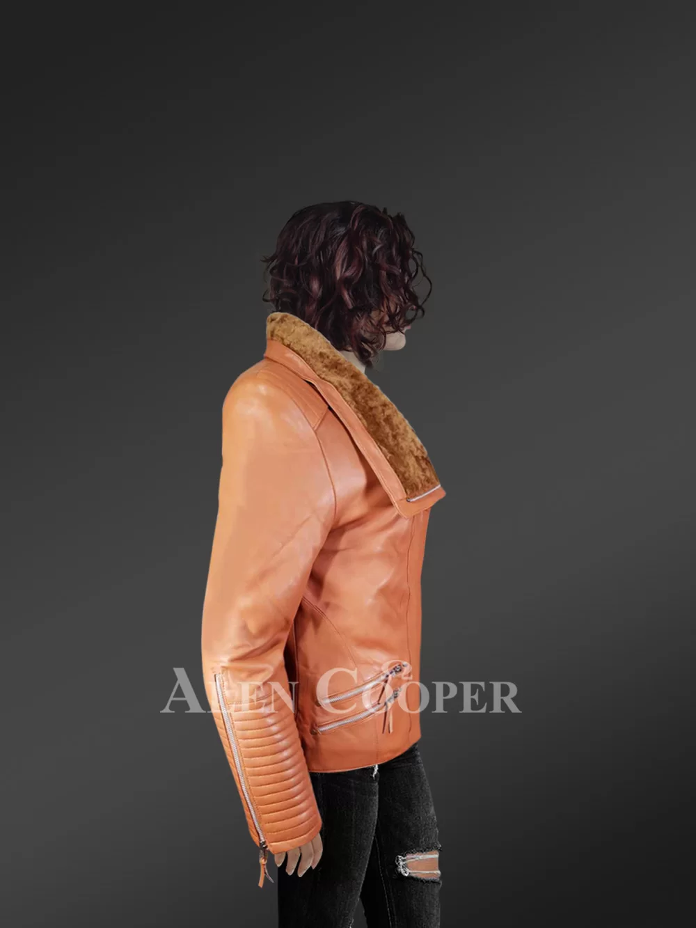 Stunning Tan Italian Leather Jacket with Shearling Collar for Women