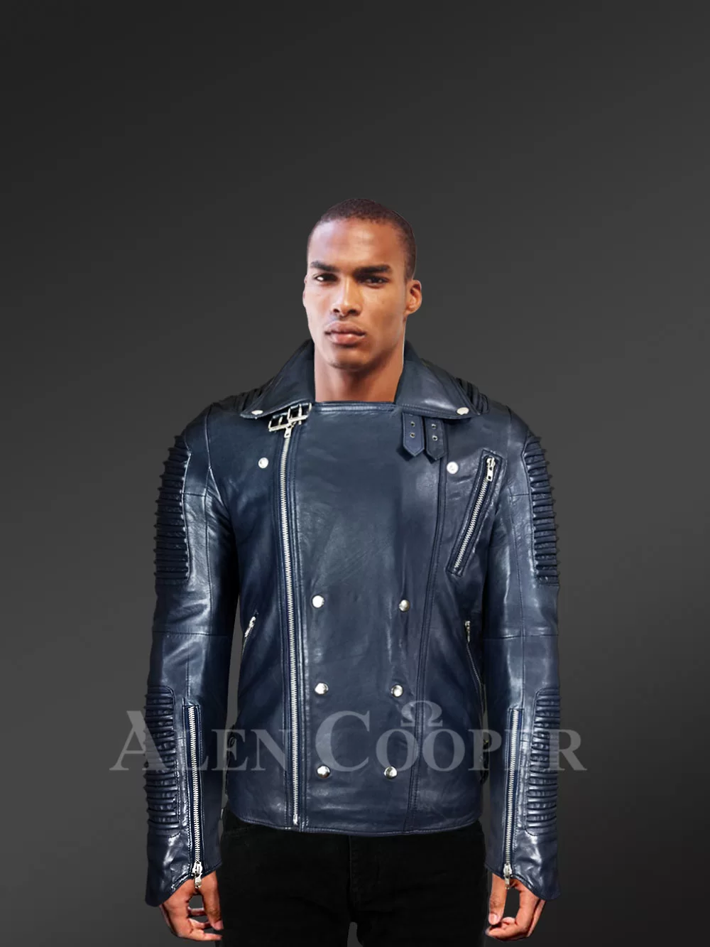 Stylish Piped Leather Biker Jacket for men with double breast style