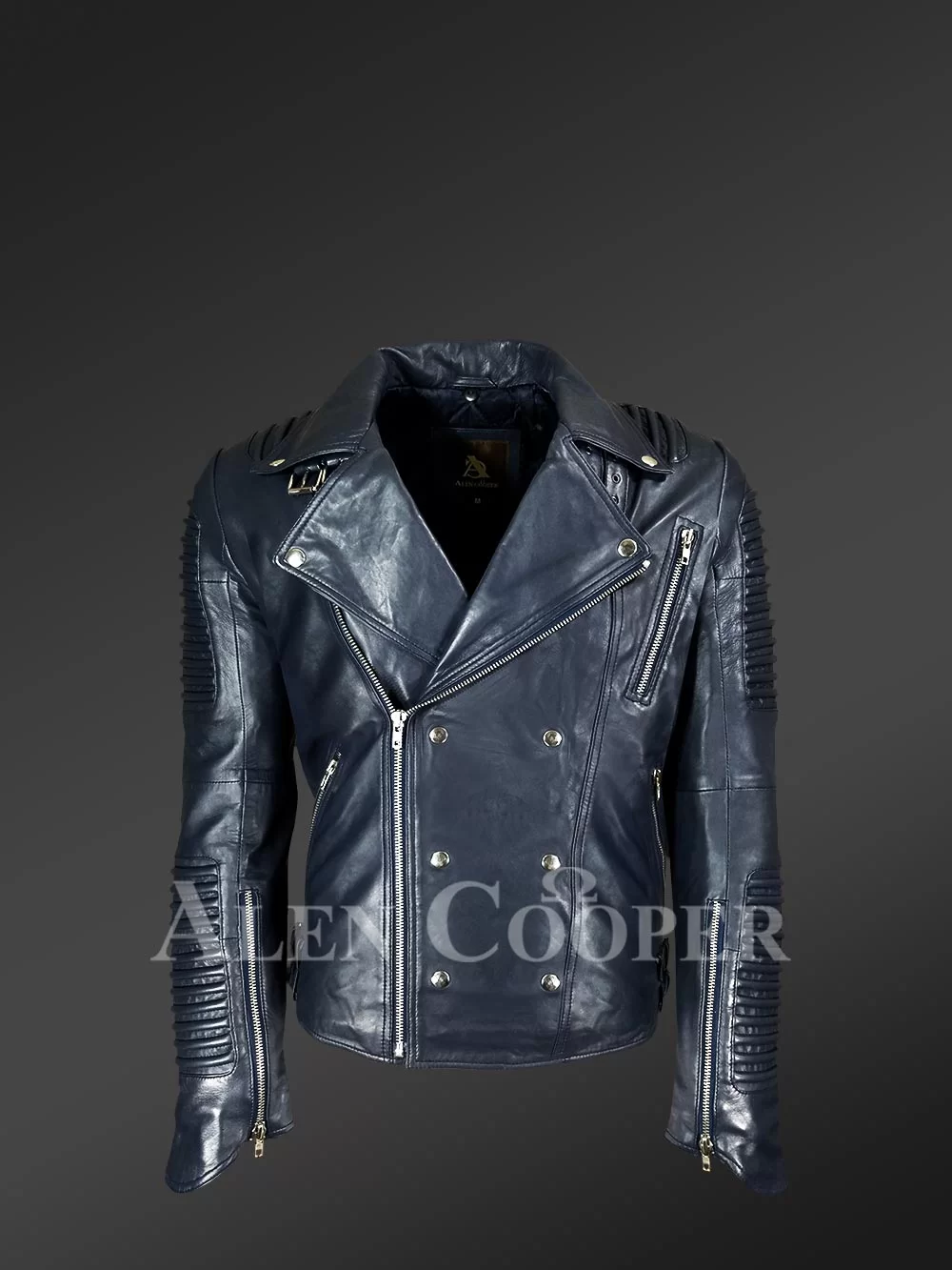 Stylish Piped Leather Biker Jacket for men with double breast style