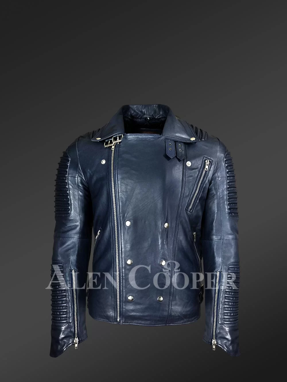 Stylish Piped Leather Biker Jacket for men with double breast style