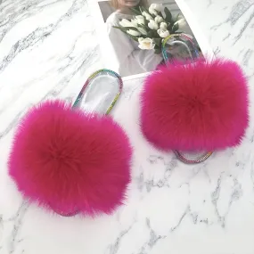 Summer Casual Rose Red Synthetic Fur Crystal House Slippers for Women