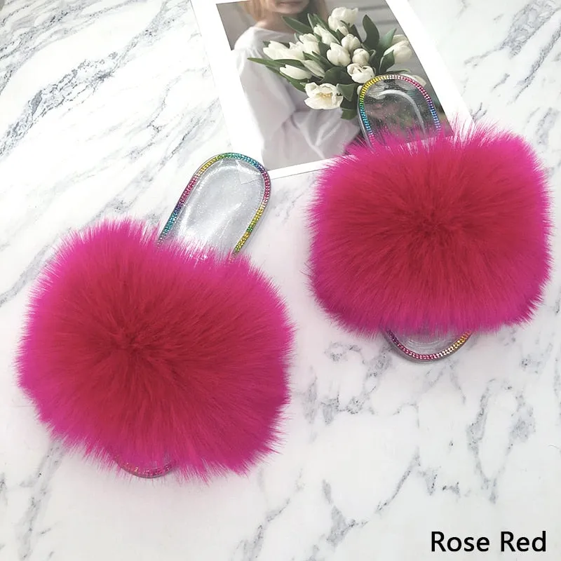 Summer Casual Rose Red Synthetic Fur Crystal House Slippers for Women