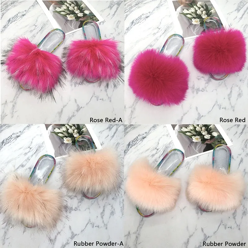 Summer Casual Rose Red Synthetic Fur Crystal House Slippers for Women