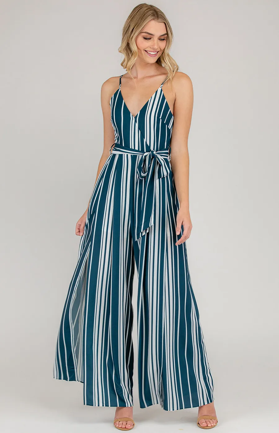 V-Neckline Stripe Maxi Wide Leg Jumpsuit (SJP2A-2)