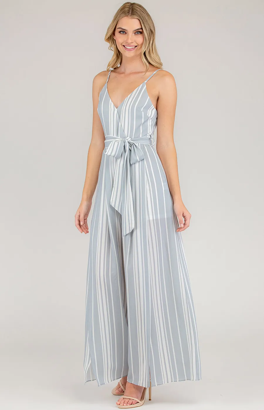 V-Neckline Stripe Maxi Wide Leg Jumpsuit (SJP2A-2)