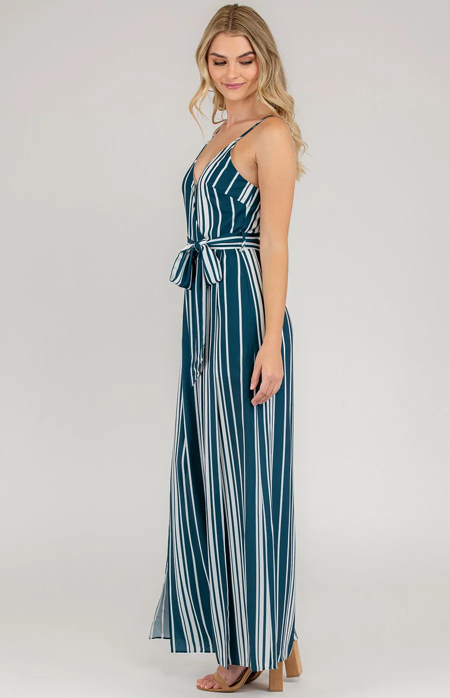 V-Neckline Stripe Maxi Wide Leg Jumpsuit (SJP2A-2)