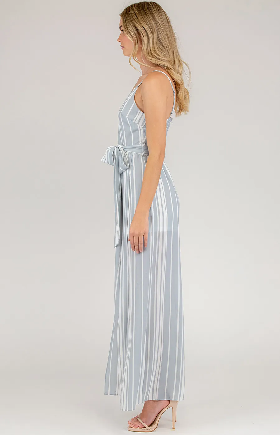 V-Neckline Stripe Maxi Wide Leg Jumpsuit (SJP2A-2)