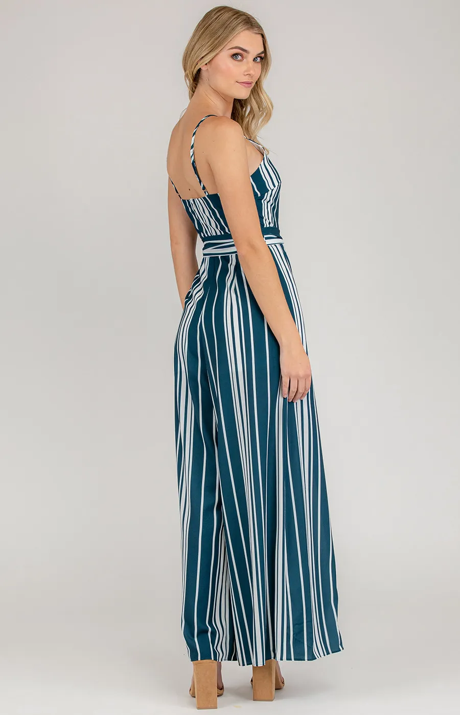 V-Neckline Stripe Maxi Wide Leg Jumpsuit (SJP2A-2)