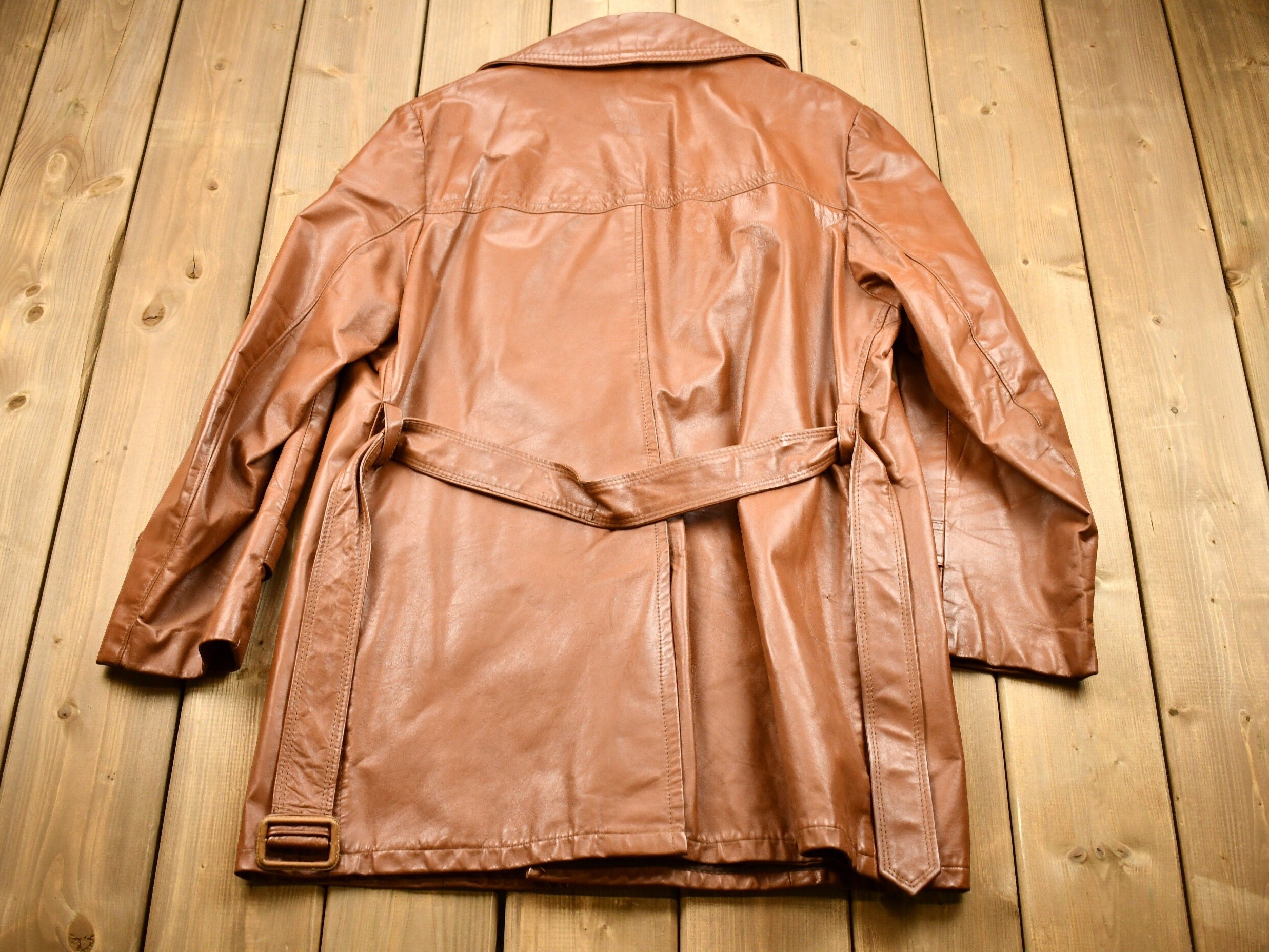 Vintage 1970s Burnt Orange Full Length Leather Trench Coat / Genuine Leather / Leather Coat / Button Up / Suede Jacket